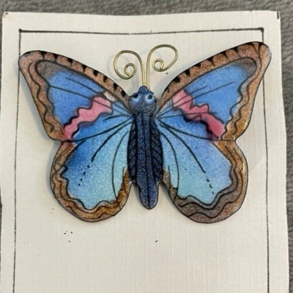 Y2K Butterfly Brooch Handmade Blue Pink Resin Metal Hand Painted Signed - Picture 2 of 5